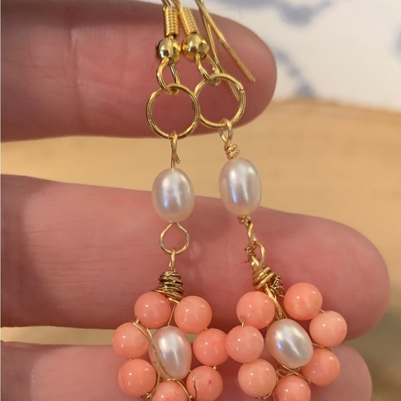 Handmade Coral and Pearl Flower Earrings - Picture 5 of 7